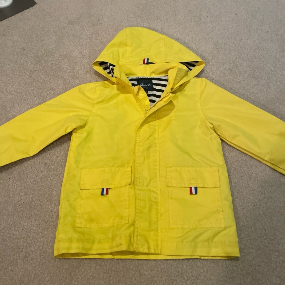 Kids Bright Yellow and Black Striped Raincoat with Hood and Pockets